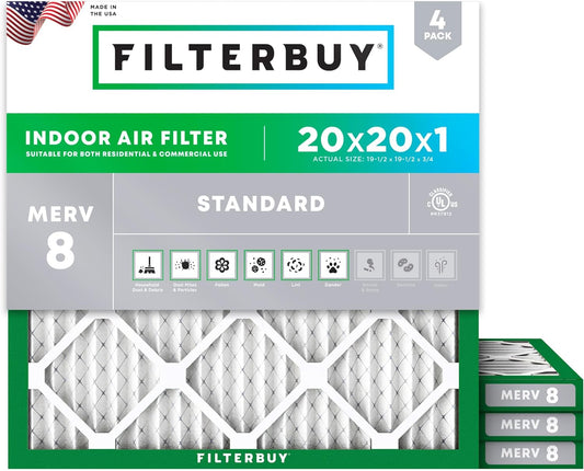 Filterbuy 20x20x1 Air Filter MERV 8 Dust & Allergy Defense (4-Pack)