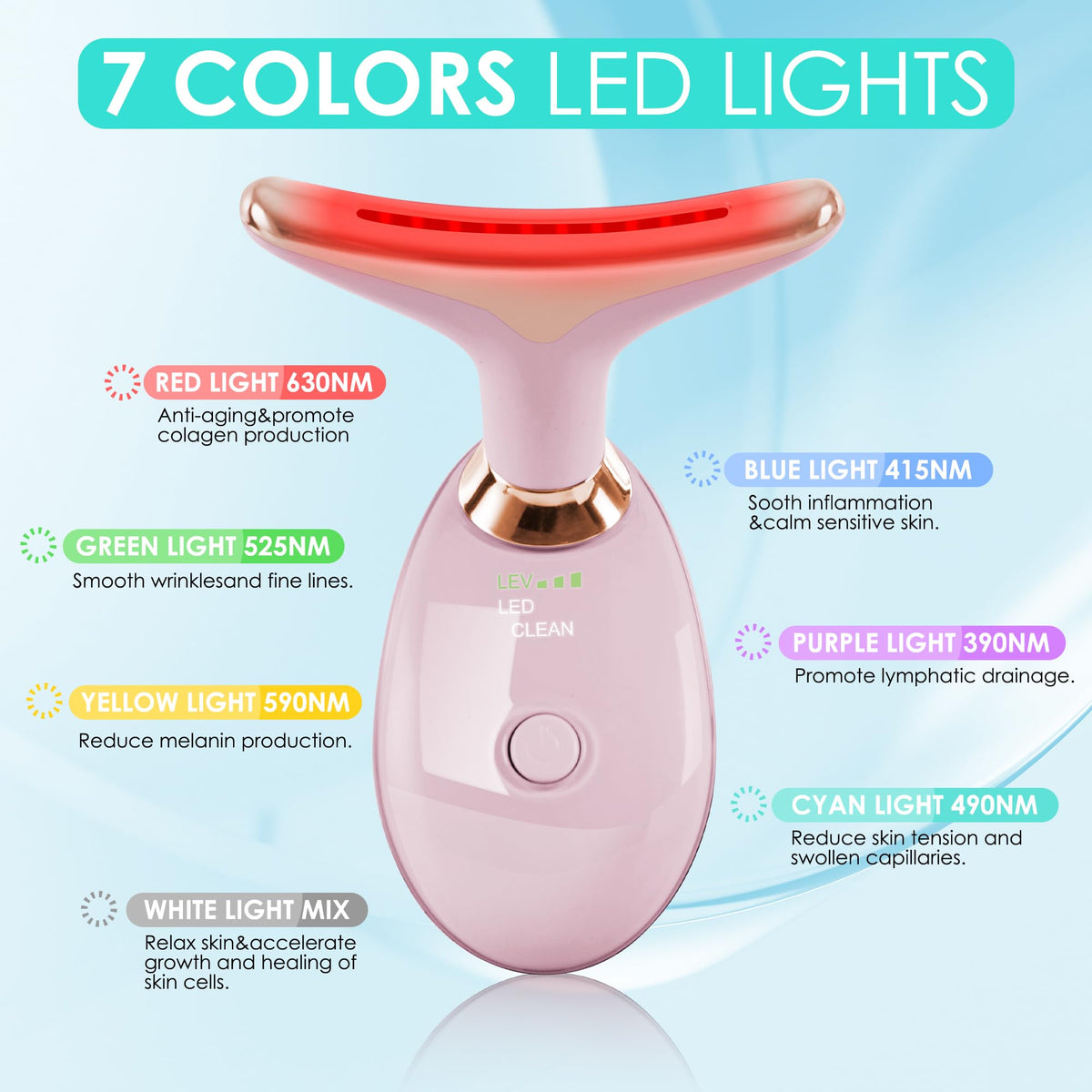 Facial Massager Red-Light-Therapy-for-Face and Neck, Face 𝖲 culpting Wand with 7 Color (Bright Pink)