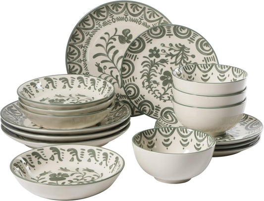 Bloomhouse - 2-Time Oprah’s Favorite Things - Valencia Flor 16 Piece Dinnerware Set, Artisanal Decorated Stoneware Plates & Bowls, Service for 4, Microwave & Dishwasher Safe, Fern Green