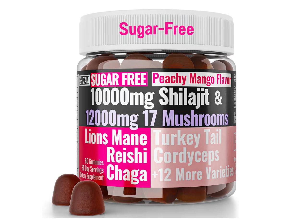 Shilajit + 17 Mushroom Complex Gummies | 22,000mg All-in-One Energy & Immunity Booster | Sugar-Free Peach Mango Flavor