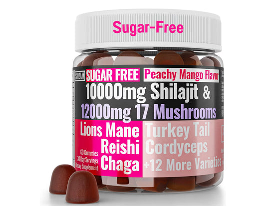 Shilajit + 17 Mushroom Complex Gummies | 22,000mg All-in-One Energy & Immunity Booster | Sugar-Free Peach Mango Flavor