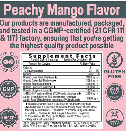 Shilajit + 17 Mushroom Complex Gummies | 22,000mg All-in-One Energy & Immunity Booster | Sugar-Free Peach Mango Flavor